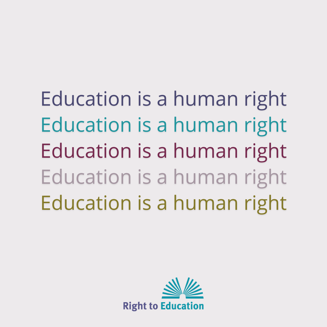 Beige square with text reading 'Education is a human right' repeated 5 times in different colours, followed by the line 'Support it this Giving Tuesday'. The RTE logo is displayed in the middle of text