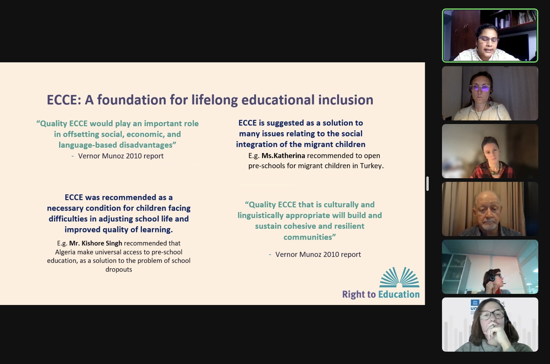 Zoom call screenshot showing panelists on right hand side and slide with text