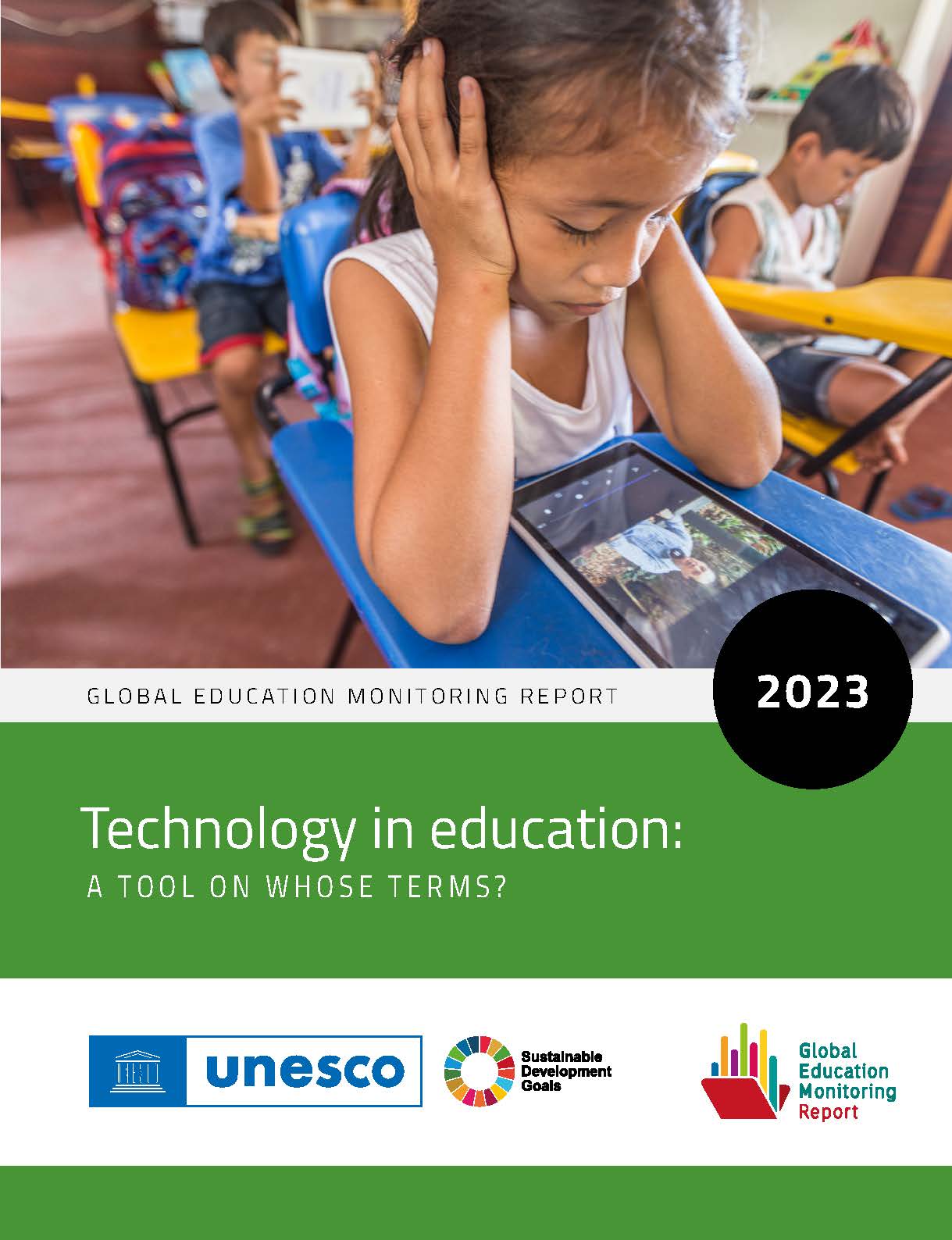 Front cover of GEM Report showing girl sitting at desk looking at device, with cover title text and logos