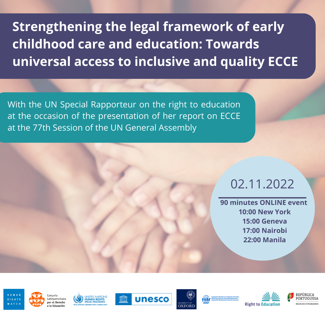 Flyer showing picture of several childrens' hands, with a series of organisational logos at the bottom. Text reads:  Strengthening the legal framework of early childhood care and education: Towards universal access to inclusive and quality