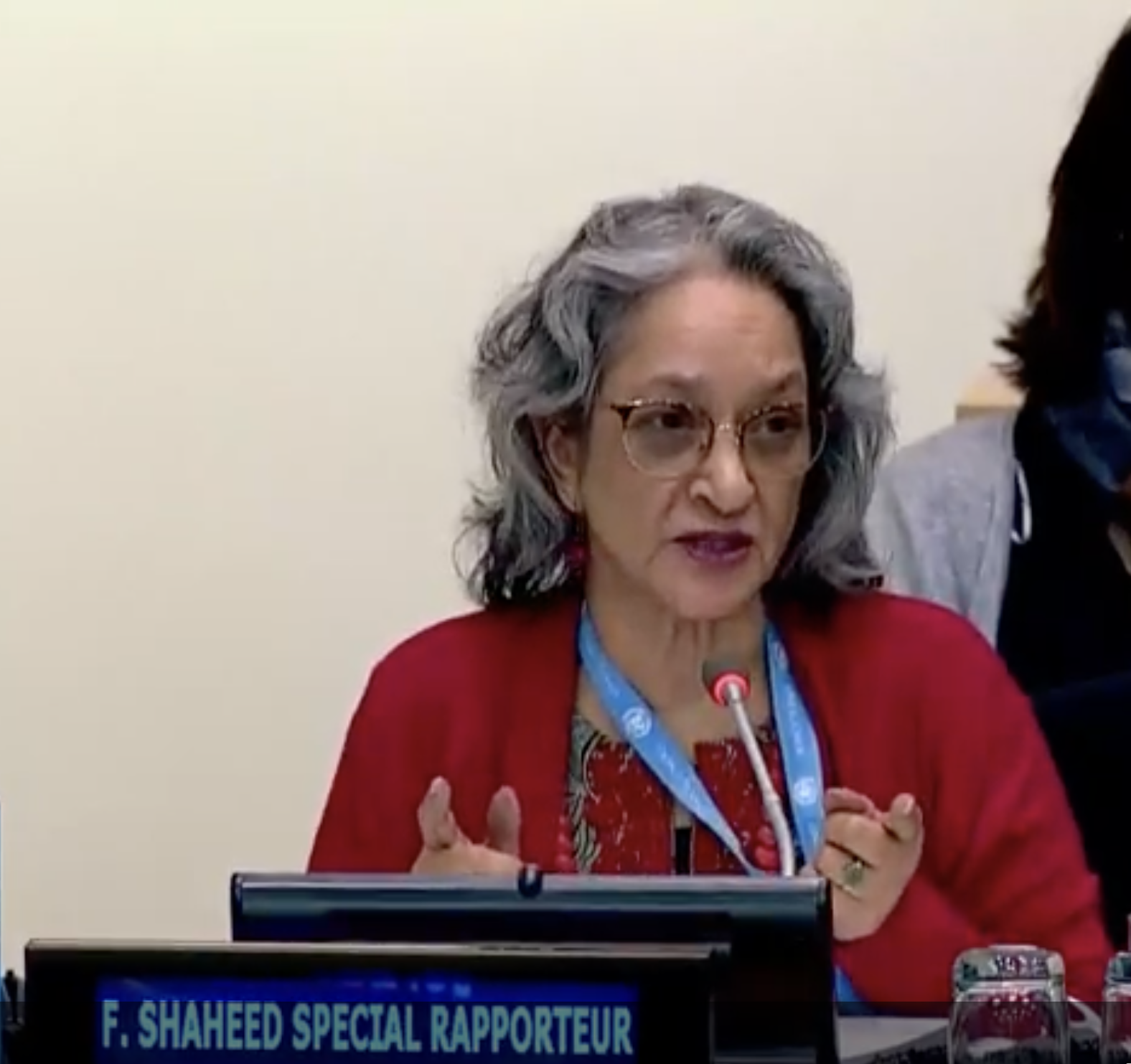 Farida Shaheed, the UN Special Rapporteur, in mid speech at the UN general assembly