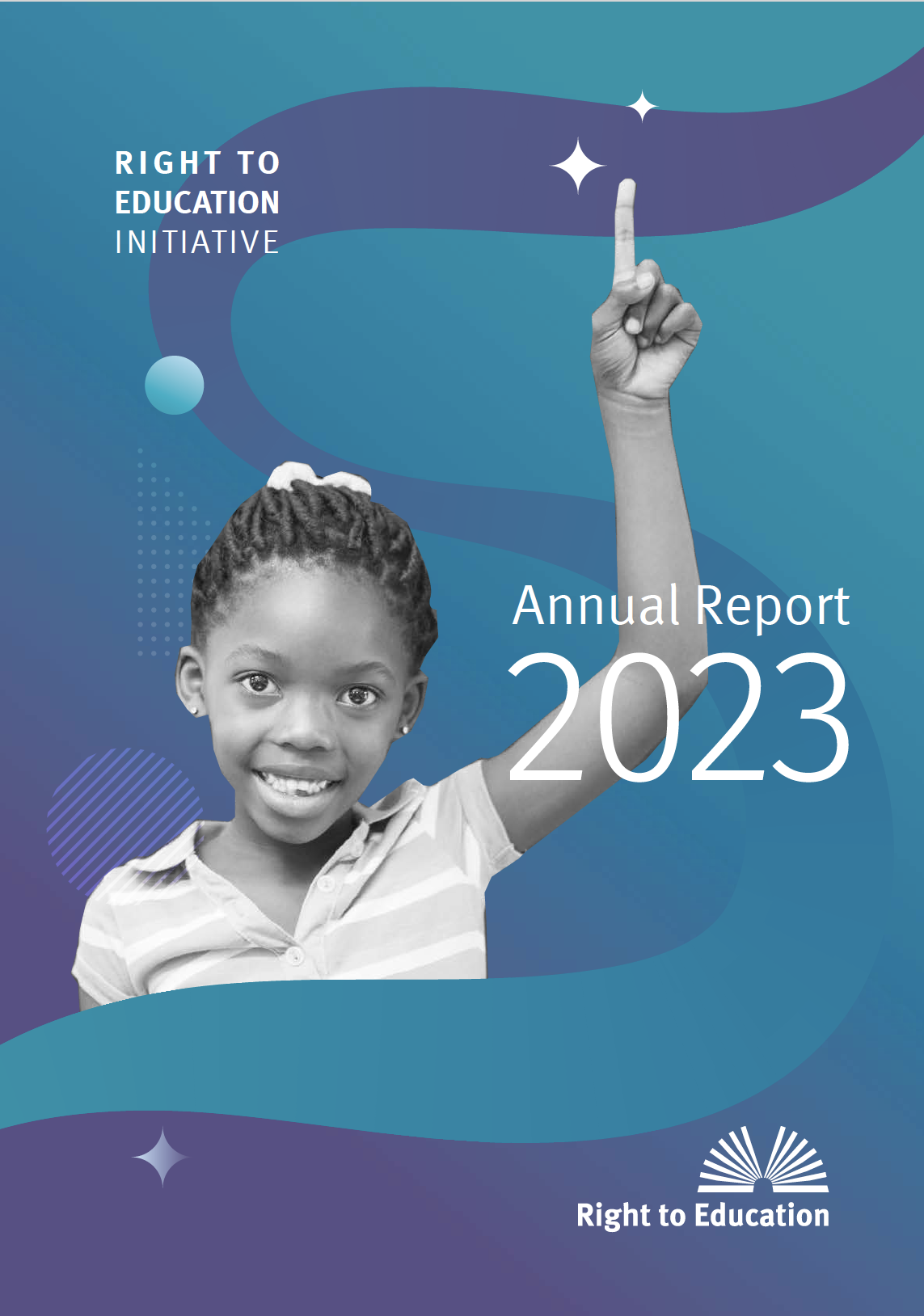 Image of smiling girl pointing upwards, on blue and purple background with text which reads 'Right to Education Initiative. Annual Report 2023'