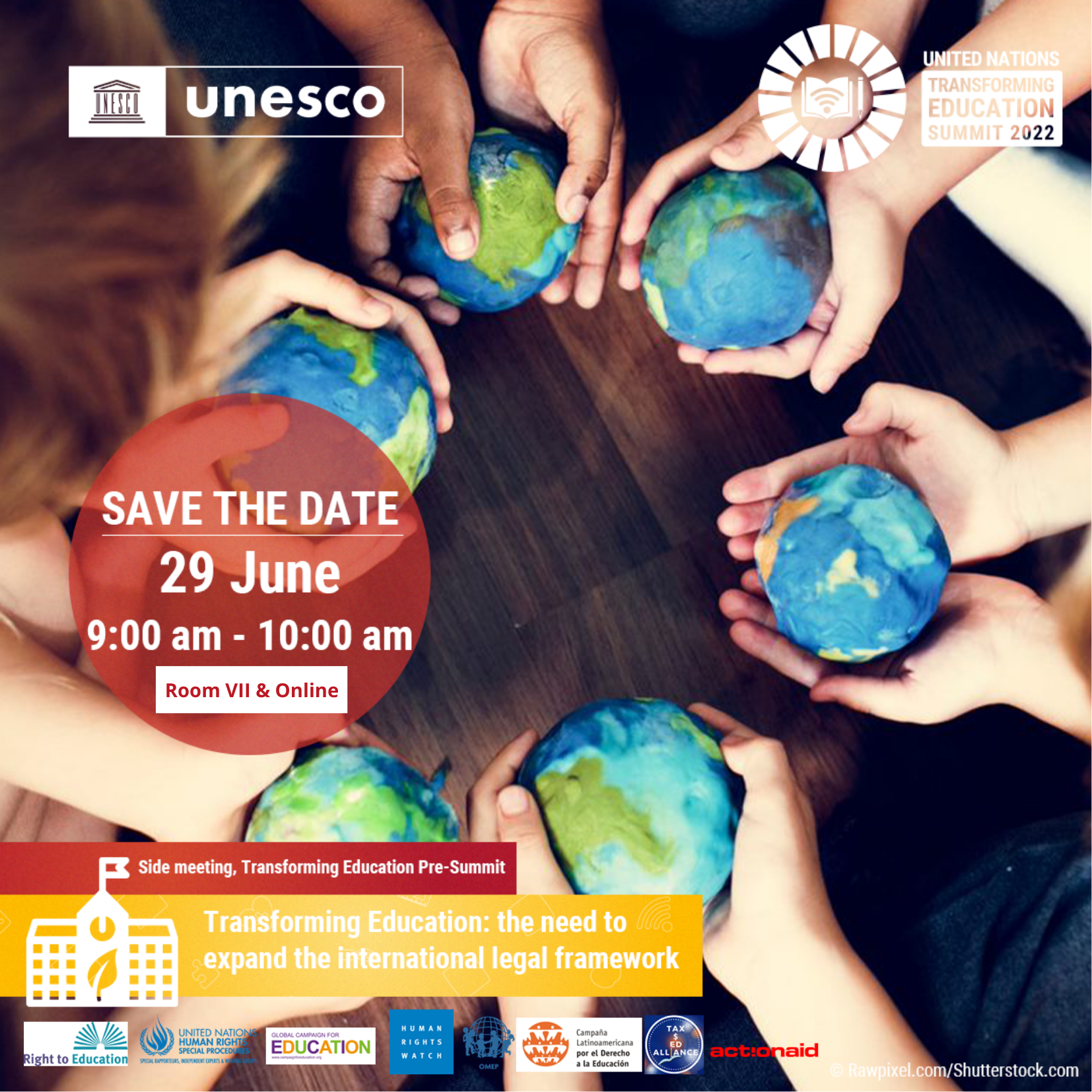 Hands holding small globes with detail advertising event written over the top