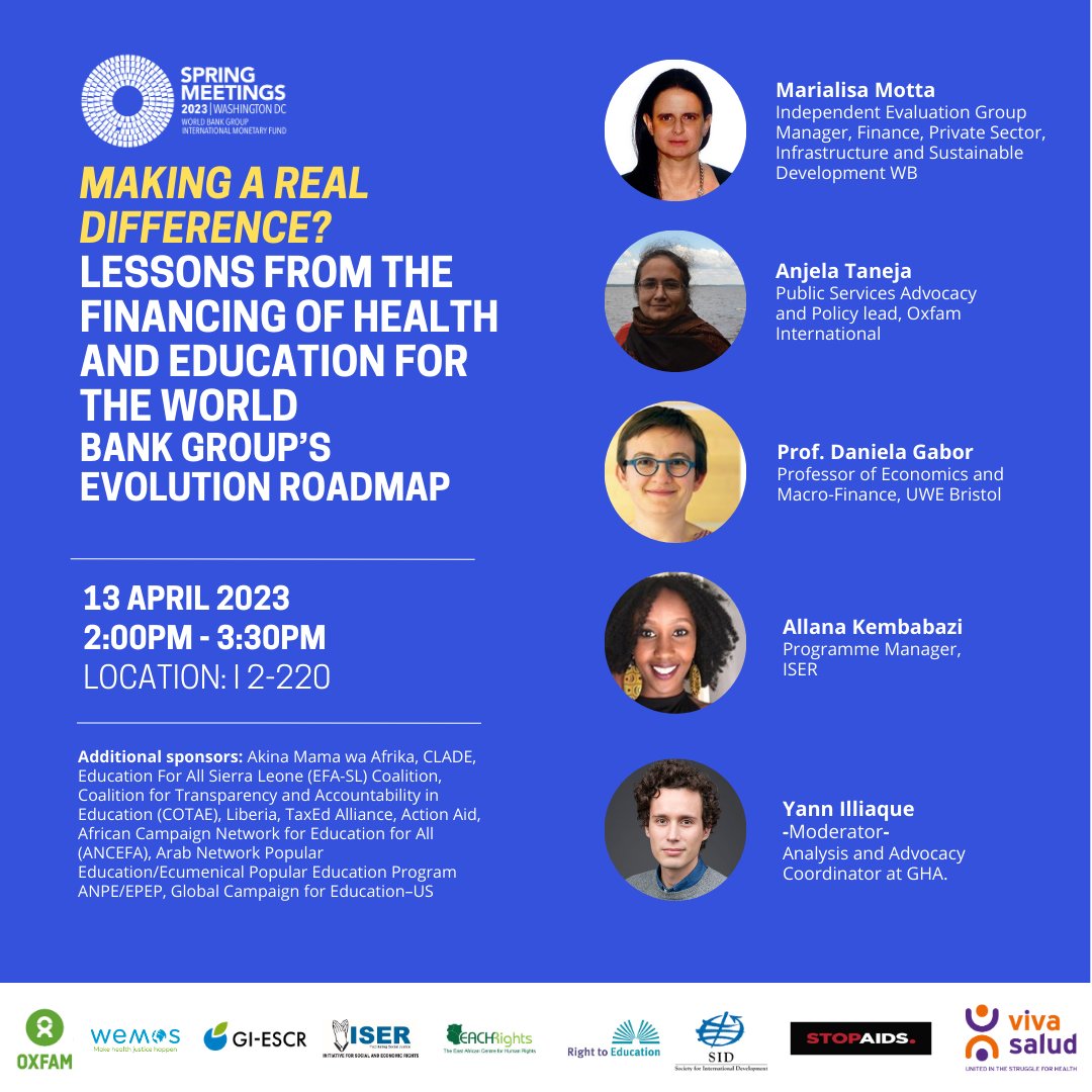 Event flyer with blue background and white text naming event, location, co-sponsoring partners. On the left hand side circular images of speakers with their job titles are shown