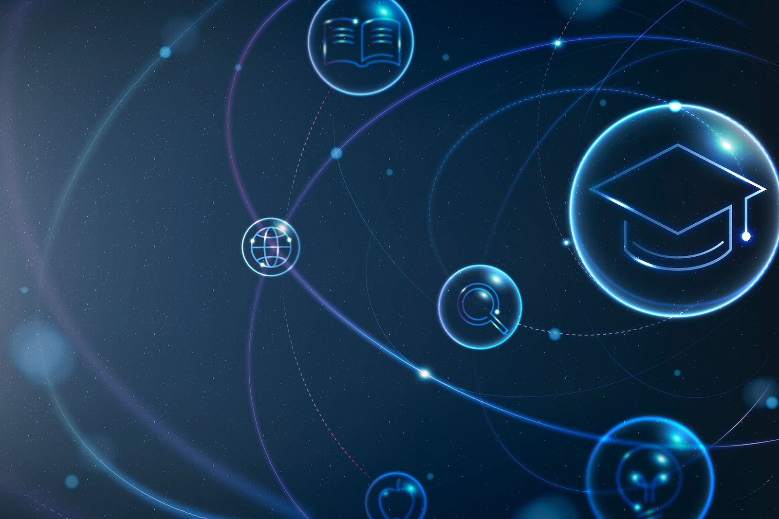 Student cap, magnifying glass and web sign in bubbles on blue digital background